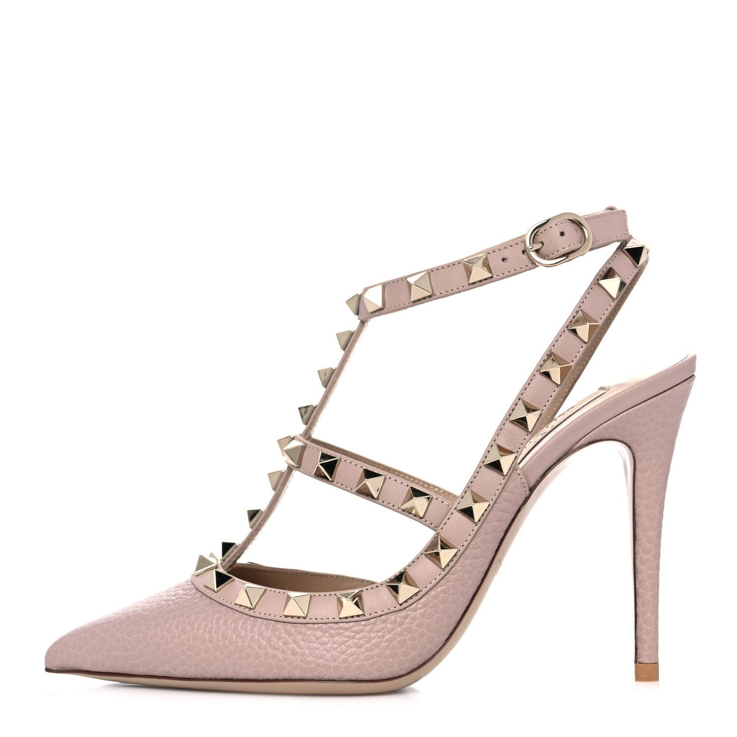 Pebbled Calfskin Rockstud Ankle Strap Pumps 36 Poudre