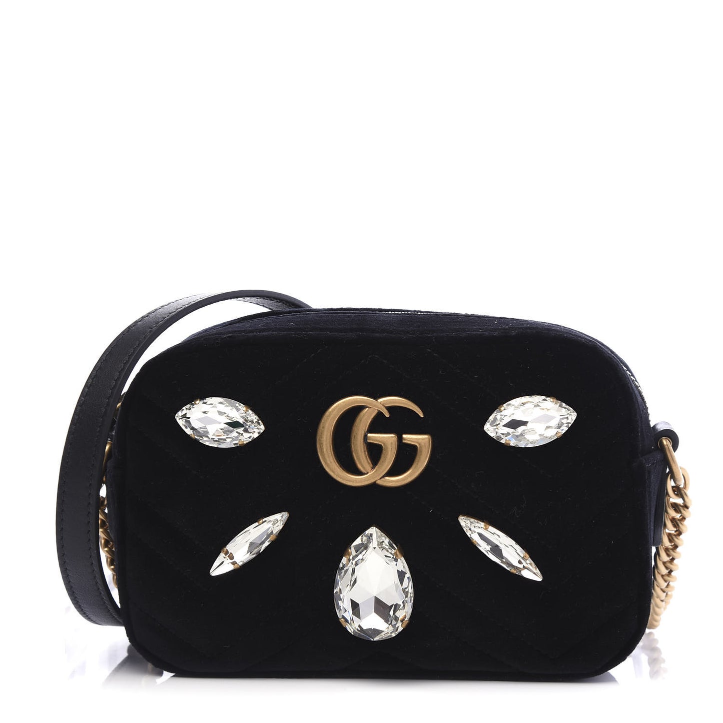 Velvet Matelasse Marquise Crystals Mini GG Marmont Chain Shoulder Bag Black