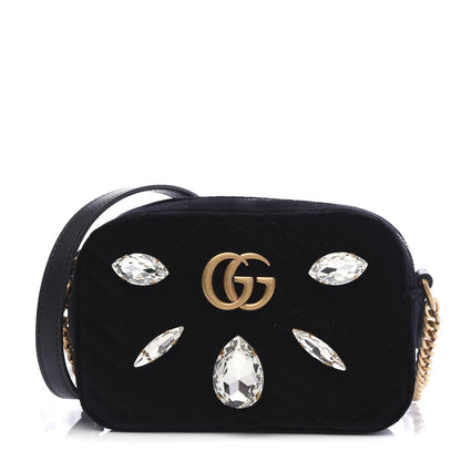 Gucci Velvet Matelasse Marquise Crystals Mini GG Marmont Chain Shoulder Bag Black 1 of 11