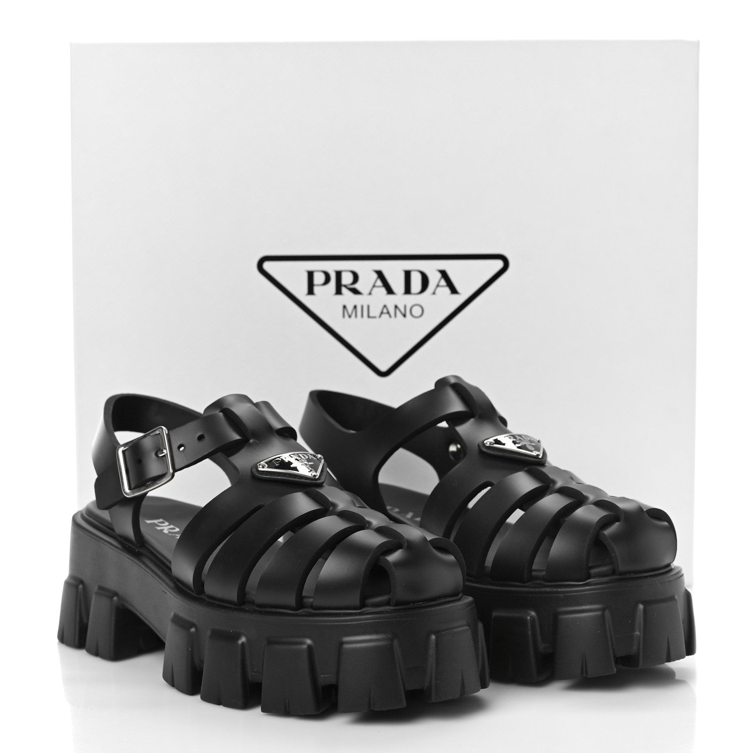 Prada Foam Rubber Triangle Logo Monolith 55mm Cage Sandals 36 Black 10 of 10