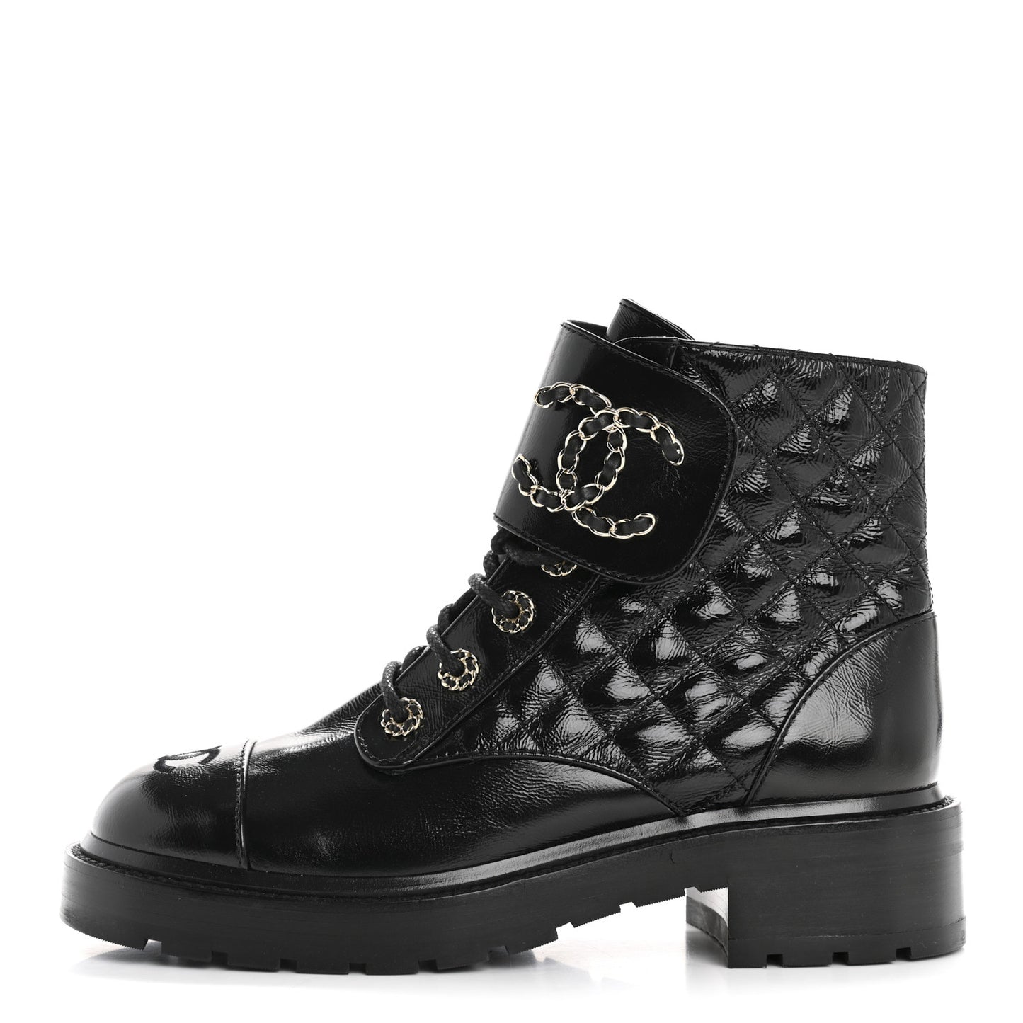 Shiny Calfskin Quilted Lace Up Combat Boots 38.5 Black