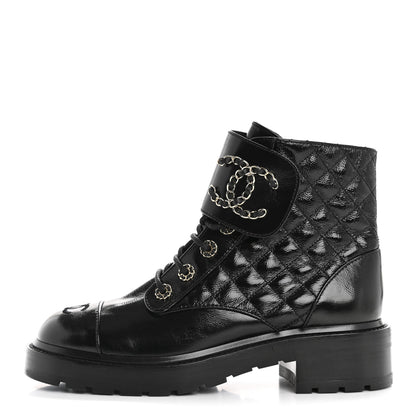 Chanel Shiny Calfskin Quilted Lace Up Combat Boots 38.5 Black 1 of 10