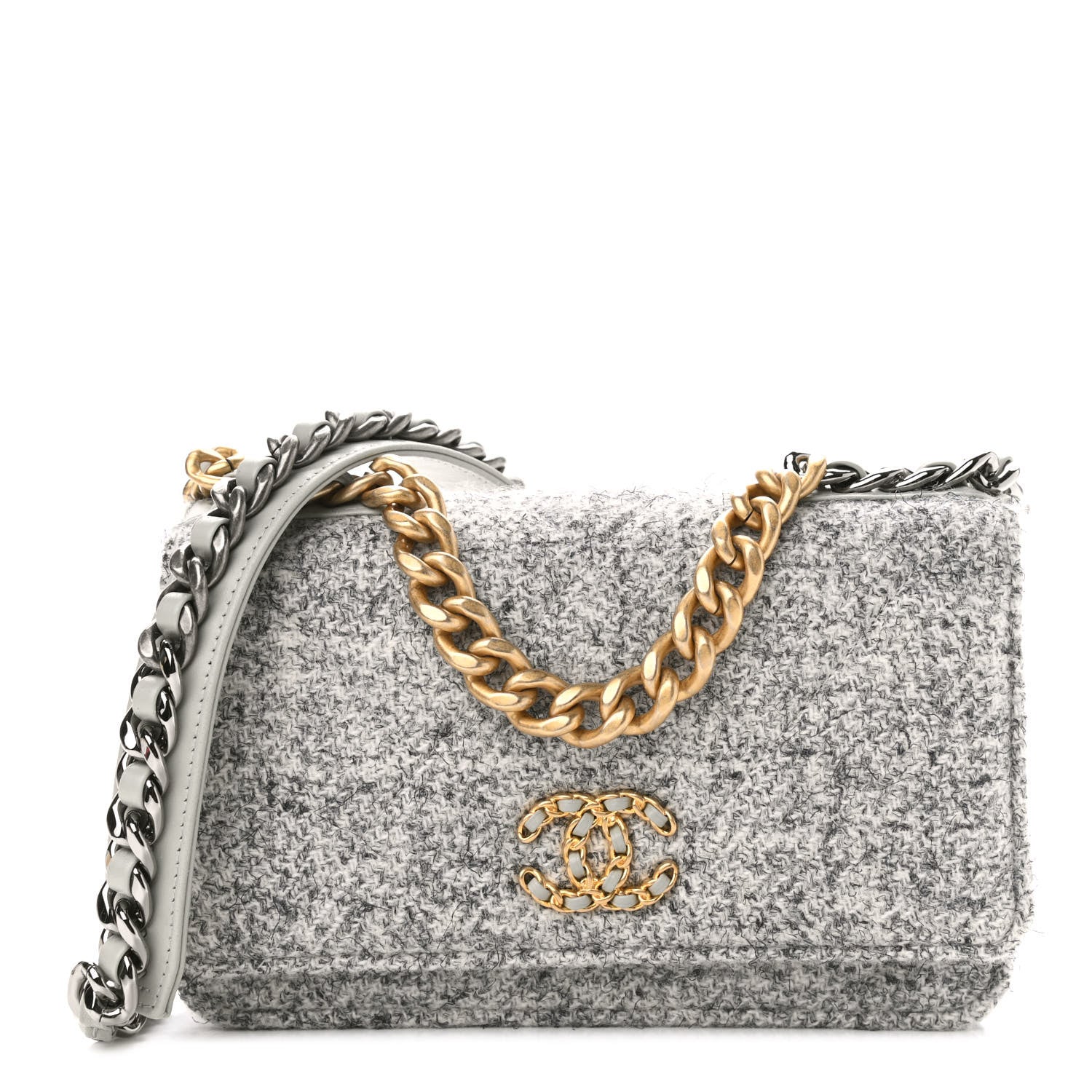 Chanel Wool Tweed Lambskin Quilted Chanel 19 Wallet On Chain WOC Grey 1 of 9