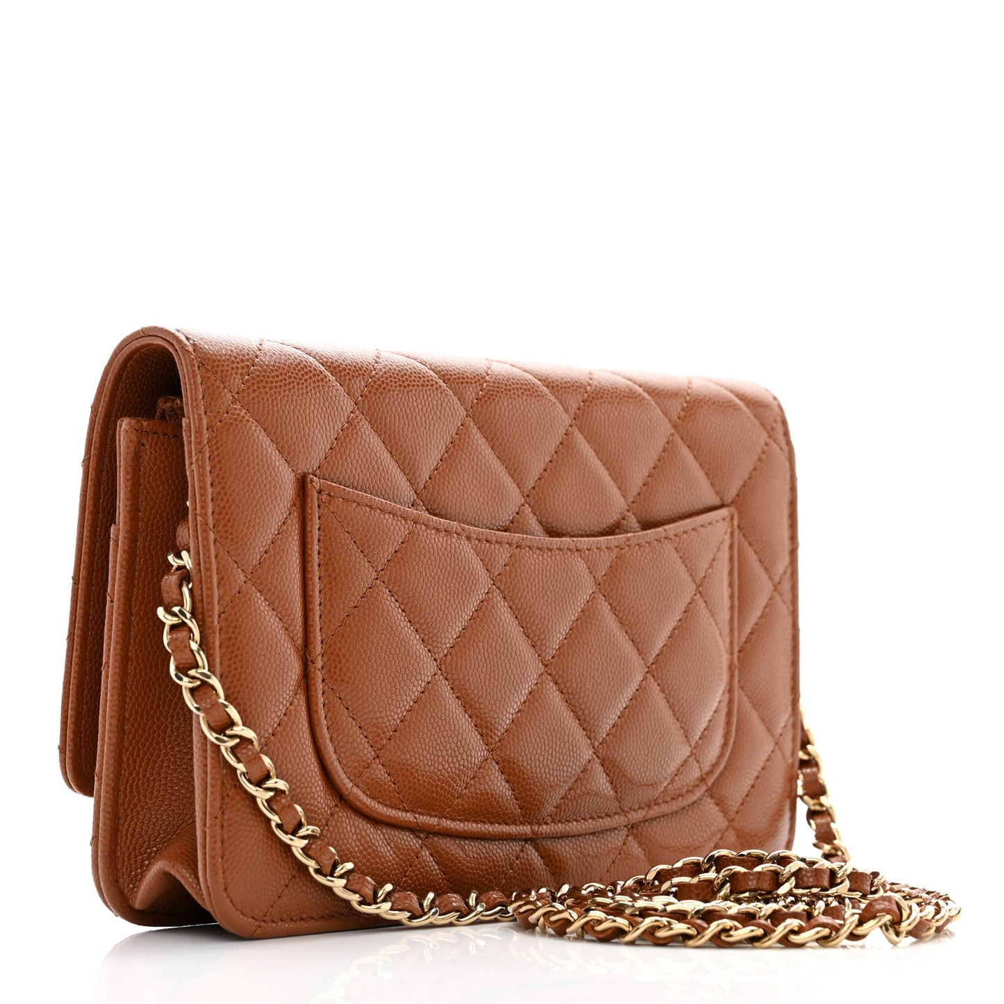 Shiny Caviar Quilted Strass Wallet On Chain WOC Light Brown