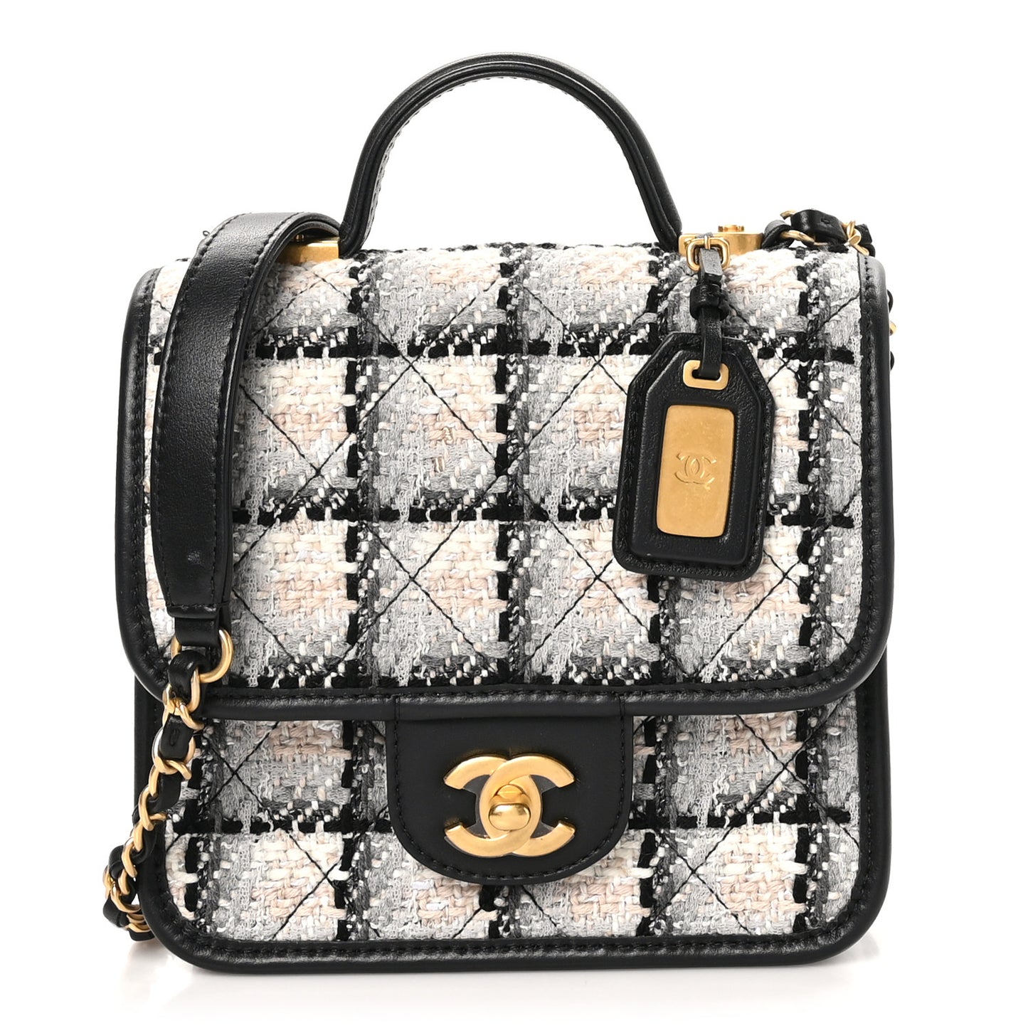 Tweed Calfskin School Memory Mini Top Handle Flap Ecru Grey Beige Black