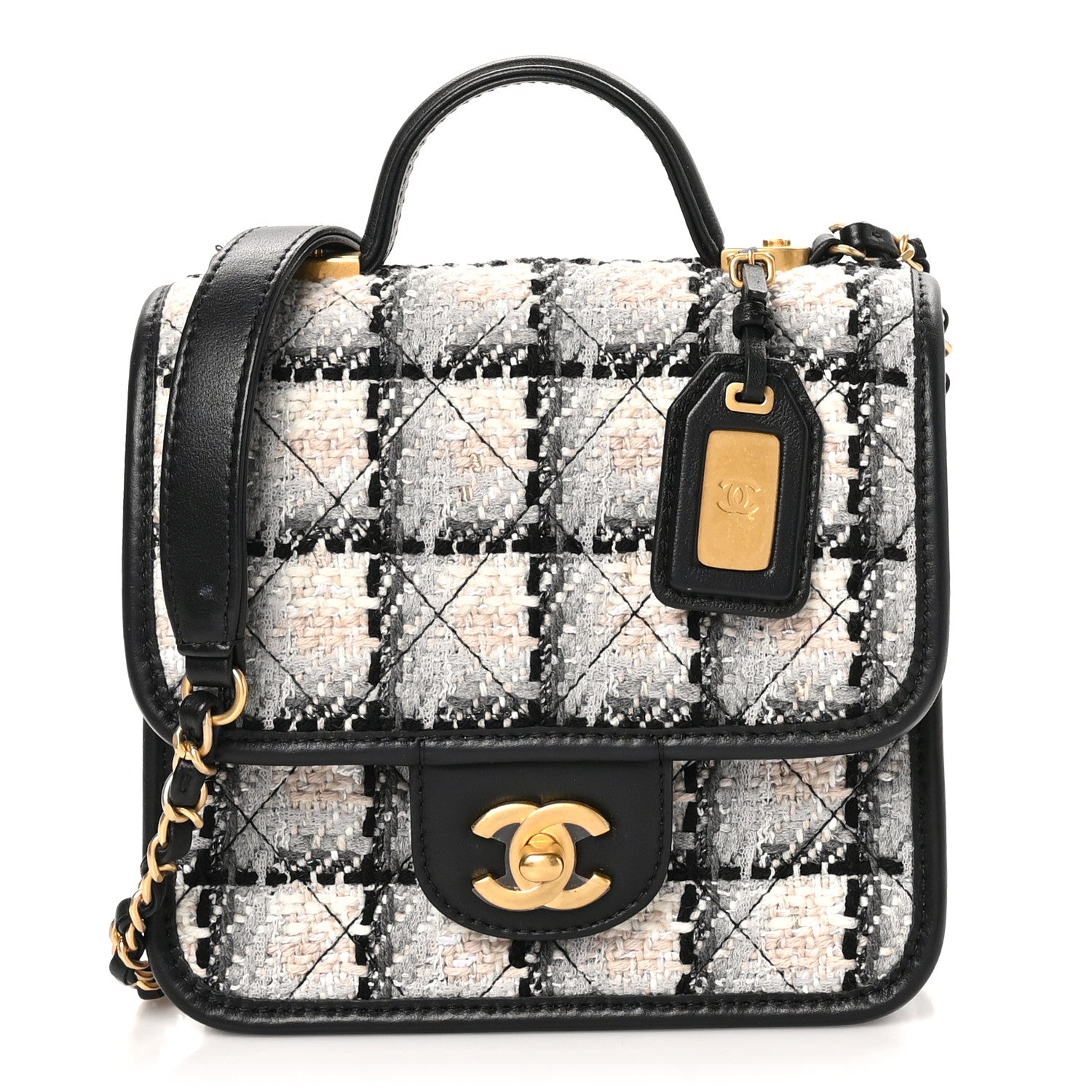 Chanel Tweed Calfskin School Memory Mini Top Handle Flap Ecru Grey Beige Black 1 of 13