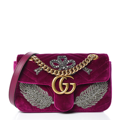 Gucci Velvet Matelasse Embroidered Mini GG Marmont Shoulder Bag Bordeaux 1 of 12