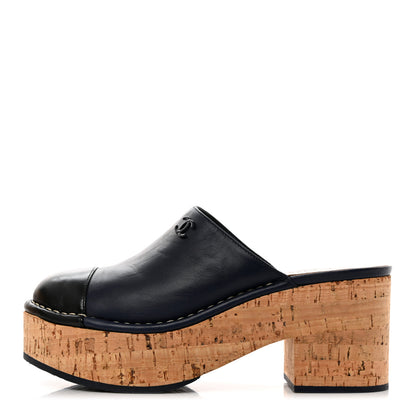 Chanel Calfskin Cork Cap Toe Clogs 36.5 Navy Blue Black 1 of 8