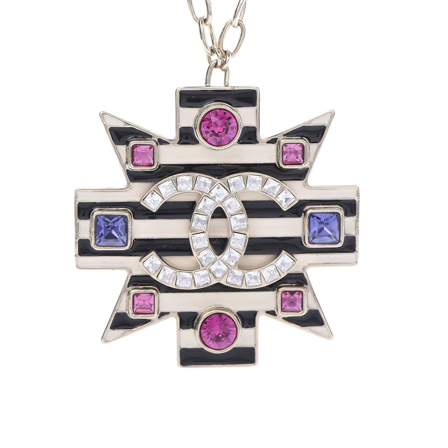 Crystal Enamel Stripe CC Pendant Necklace Gold Multicolor