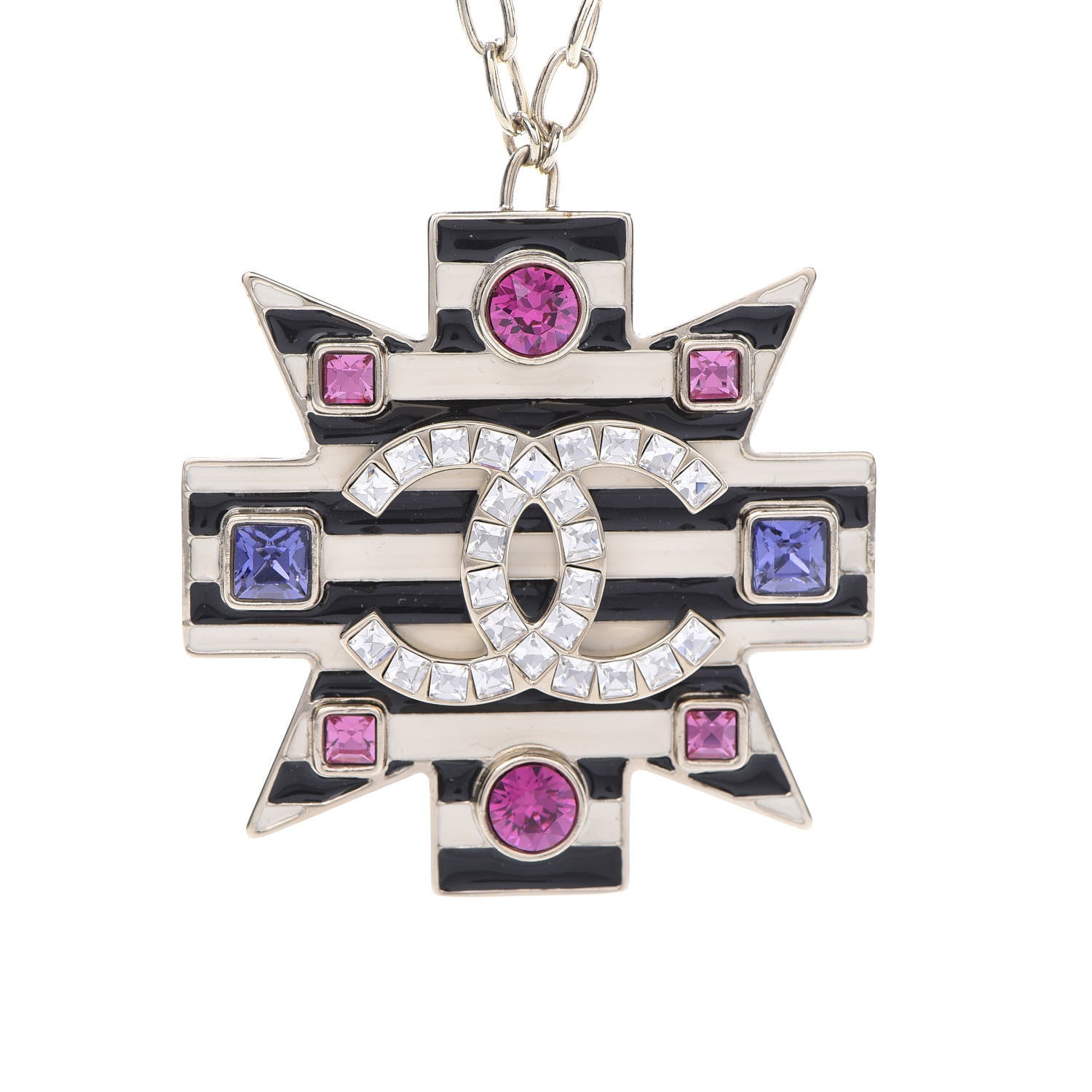Chanel Crystal Enamel Stripe CC Pendant Necklace Gold Multicolor 4 of 7