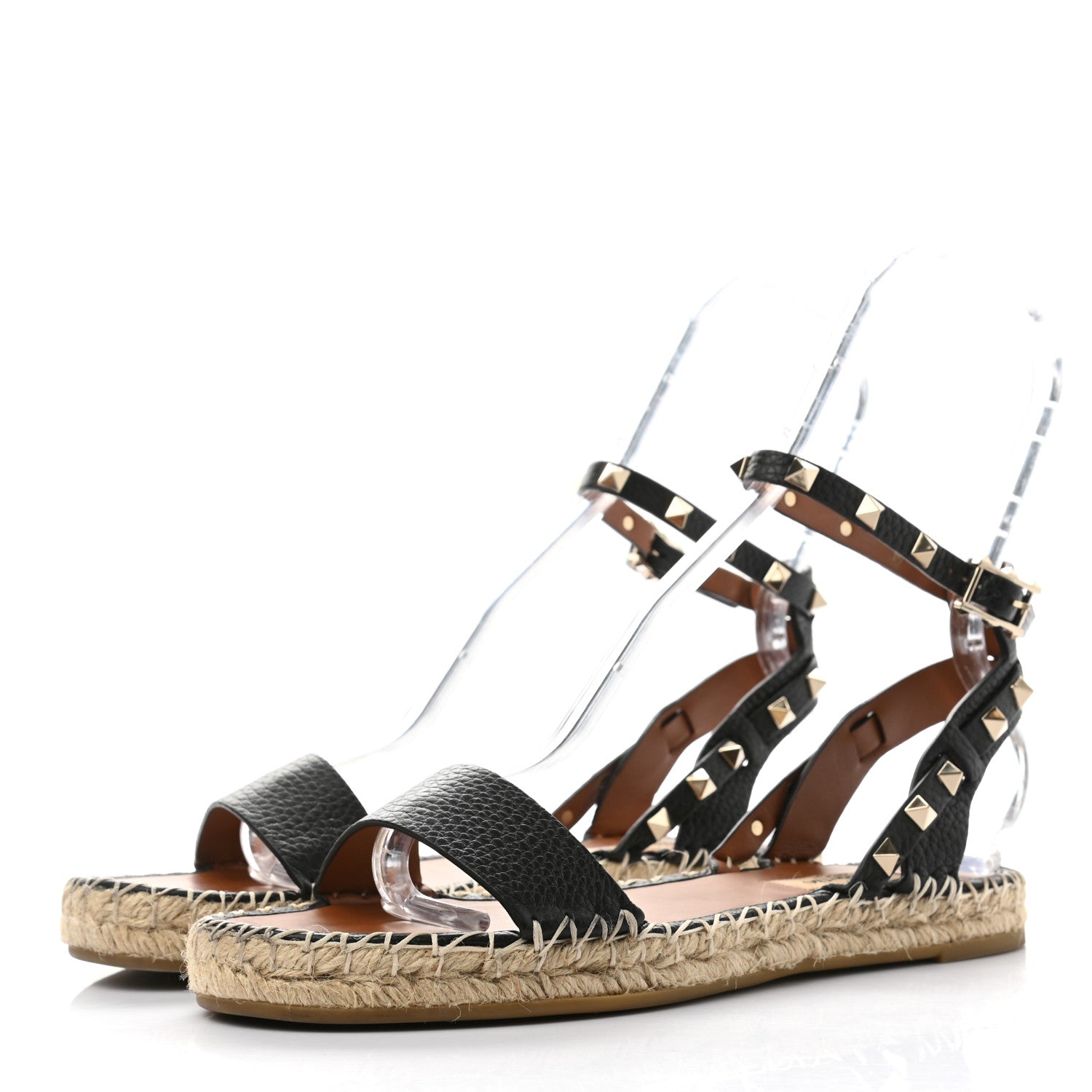 Valentino Garavani Grained Calfskin Rockstud Ankle Strap Espadrille Flat Sandals 38 Black 3 of 8