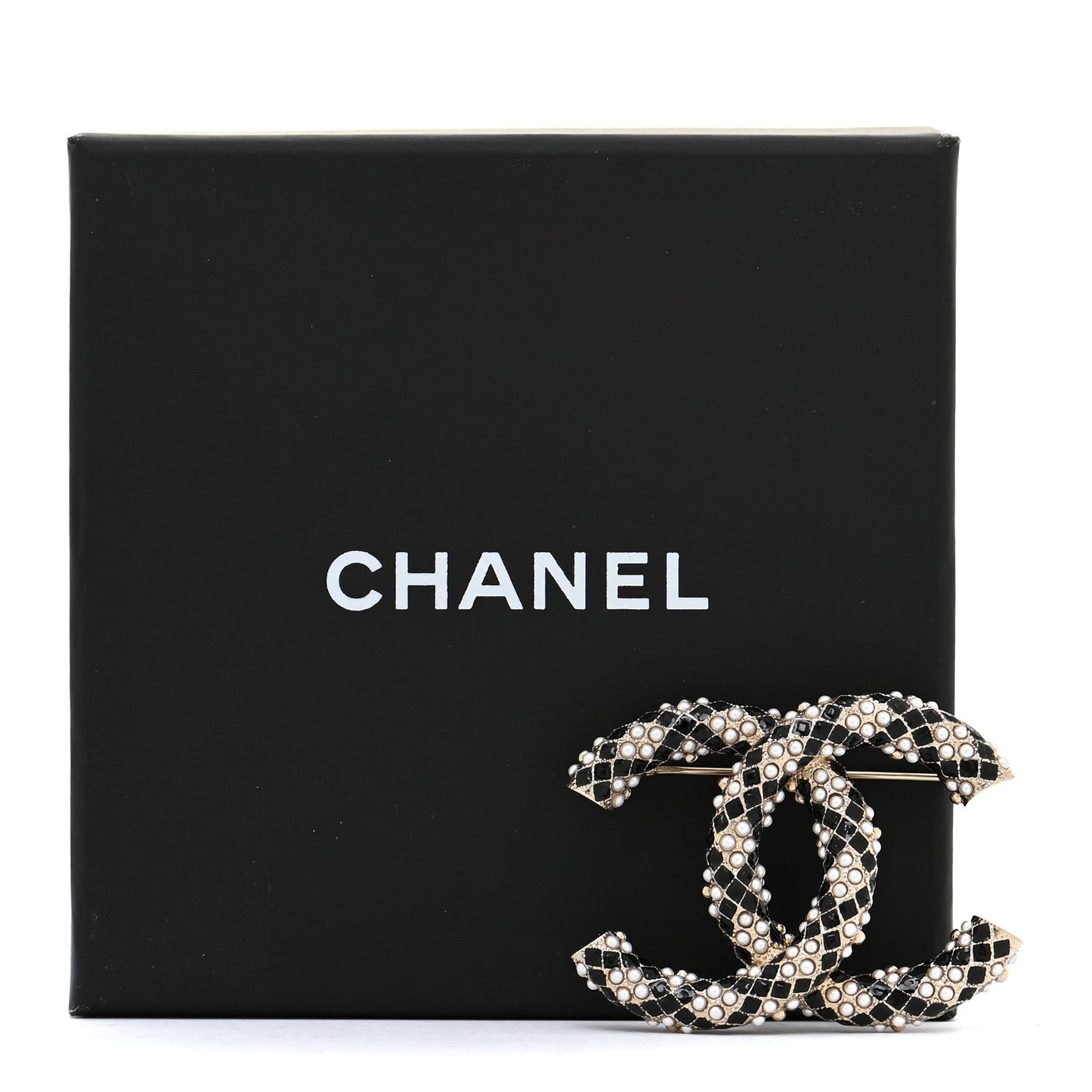 Pearl Crystal Enamel CC Brooch Black Gold