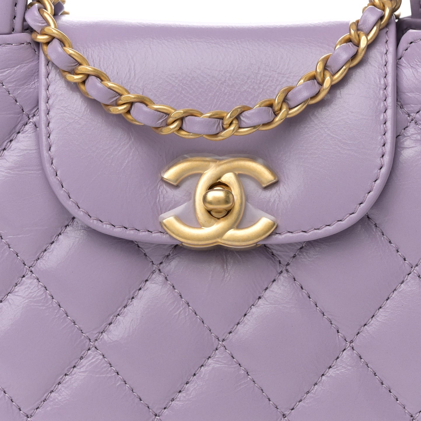 Shiny Aged Calfskin Quilted Nano Kelly Shopper Lilac