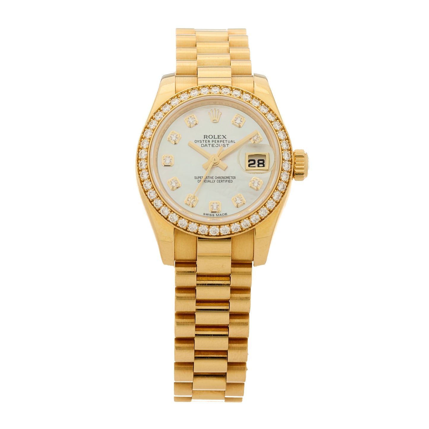 18K Yellow Gold Diamond Bezel Mother of Pearl 26mm Datejust President Watch 179138