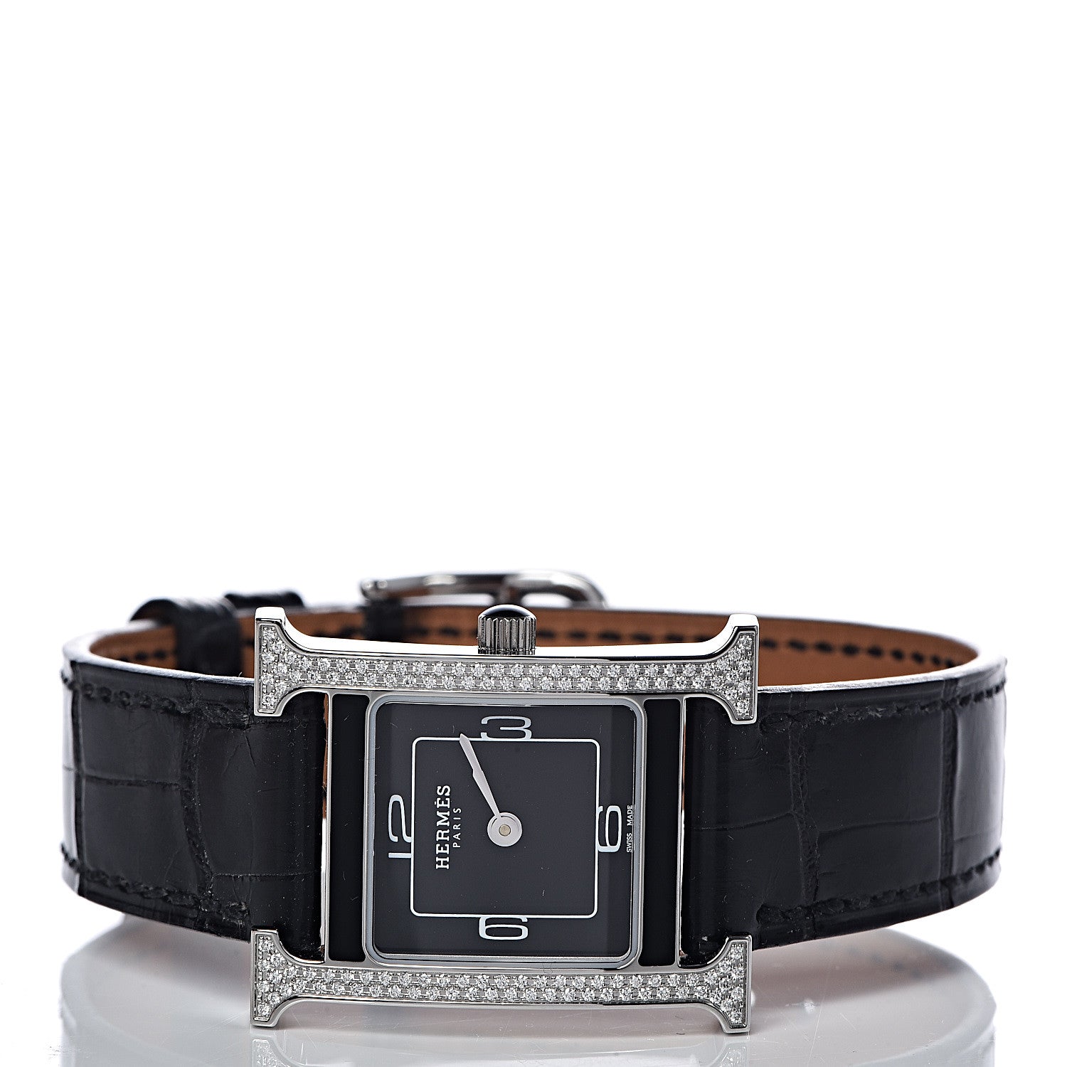Hermes Stainless Steel Alligator Diamond Lacquer 21mm Heure H Hour Double Jeu Quartz Watch Noir 3 of 10