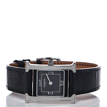 Hermes Stainless Steel Alligator Diamond Lacquer 21mm Heure H Hour Double Jeu Quartz Watch Noir 3 of 10