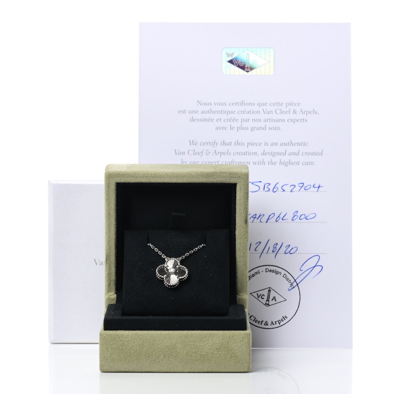 Van Cleef & Arpels 18K White Gold Diamond Guilloche Vintage Alhambra Pendant Necklace 6 of 6