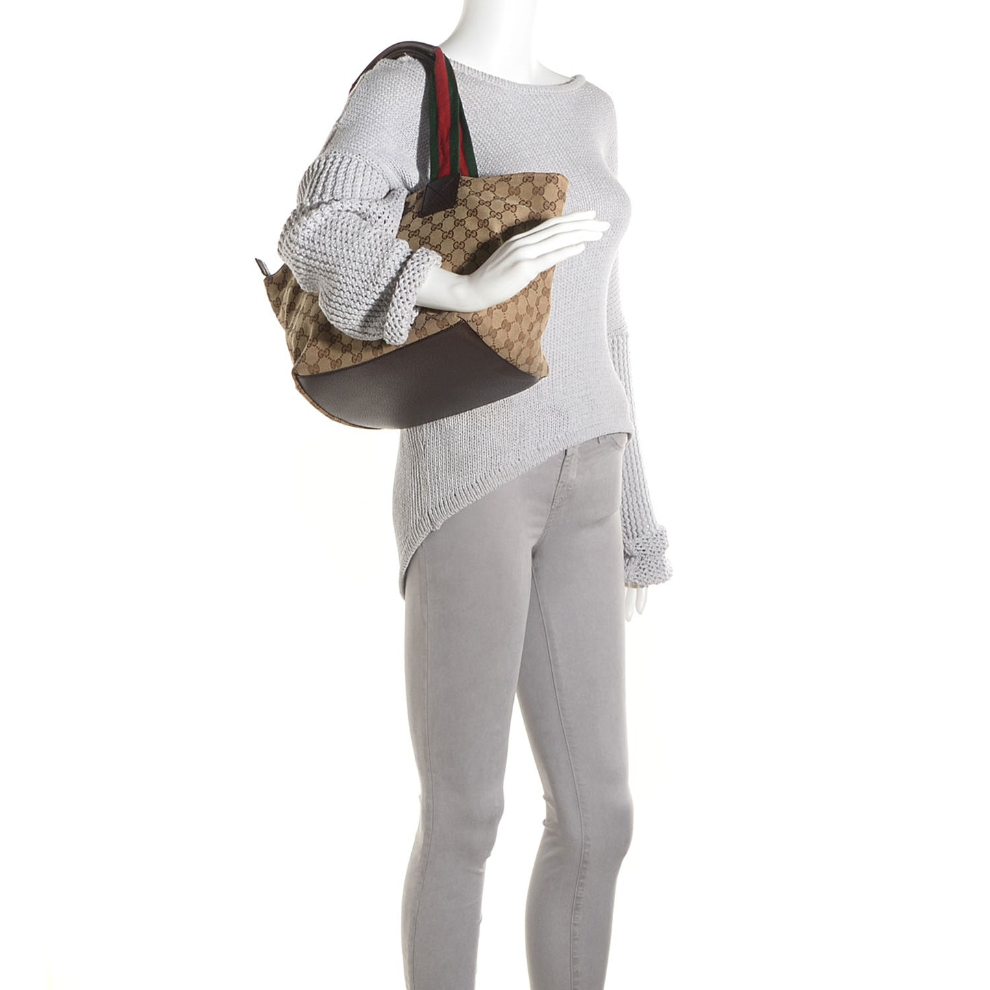 GG Monogram Medium Web Handle Bucket Tote Brown