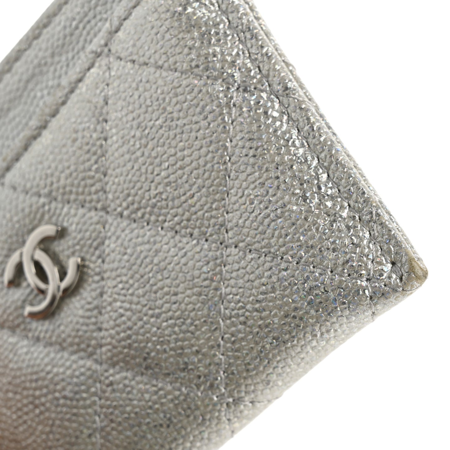 Glittered Metallic Caviar Quilted Card Holder Silver