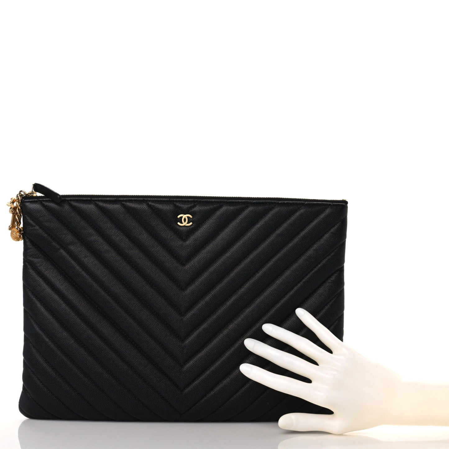 Caviar Chevron Quilted Large Ancient Greek Charms Cosmetic Case Black