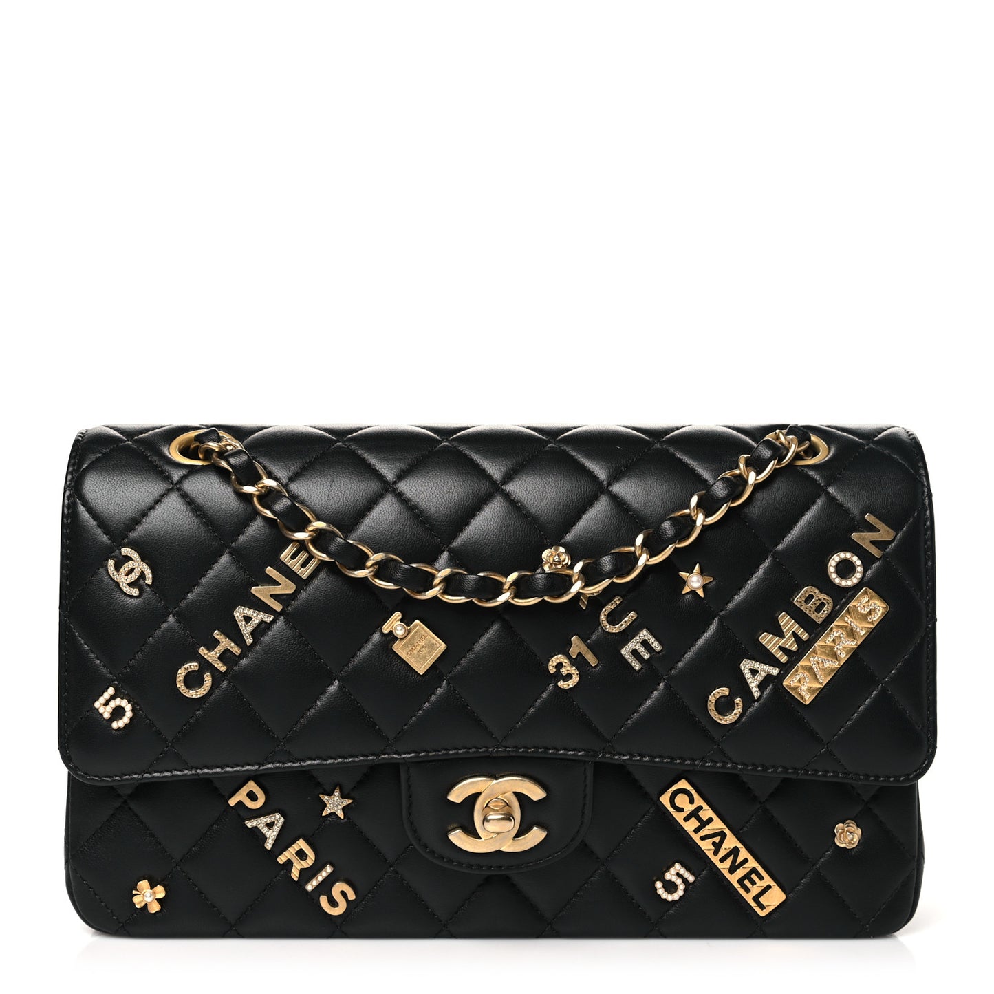 Lambskin Quilted Medium Rue Cambon Charms Double Flap Black