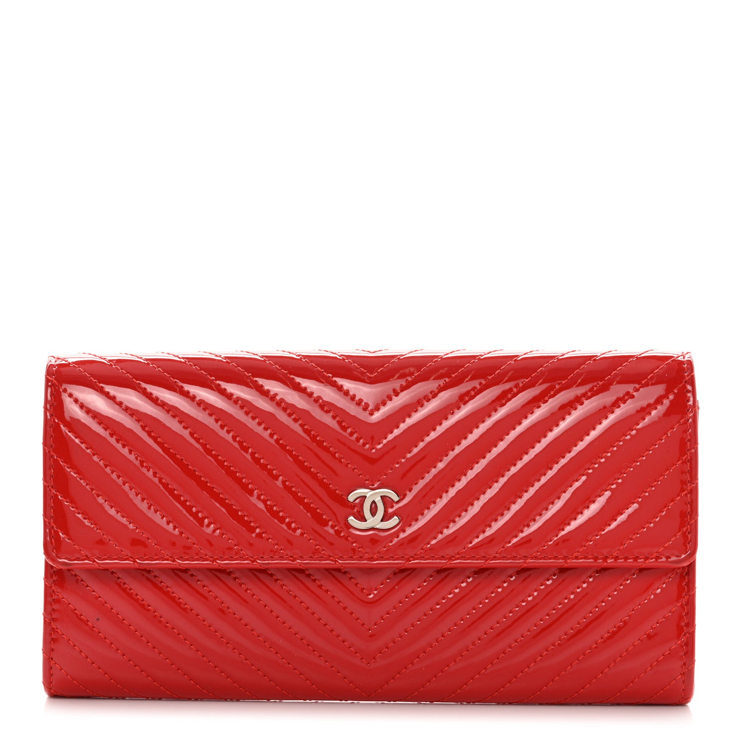 Chanel Patent Chevron Quilted Large Gusset Flap Wallet Red 1 of 10