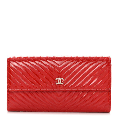 Chanel Patent Chevron Quilted Large Gusset Flap Wallet Red 1 of 10