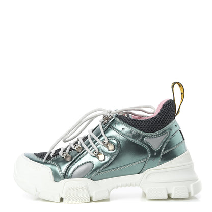Gucci X SEGA Metallic Calfskin Removable Crystals Womens Flashtrek Sneakers 36 Lago Loess Silver 1 of 10