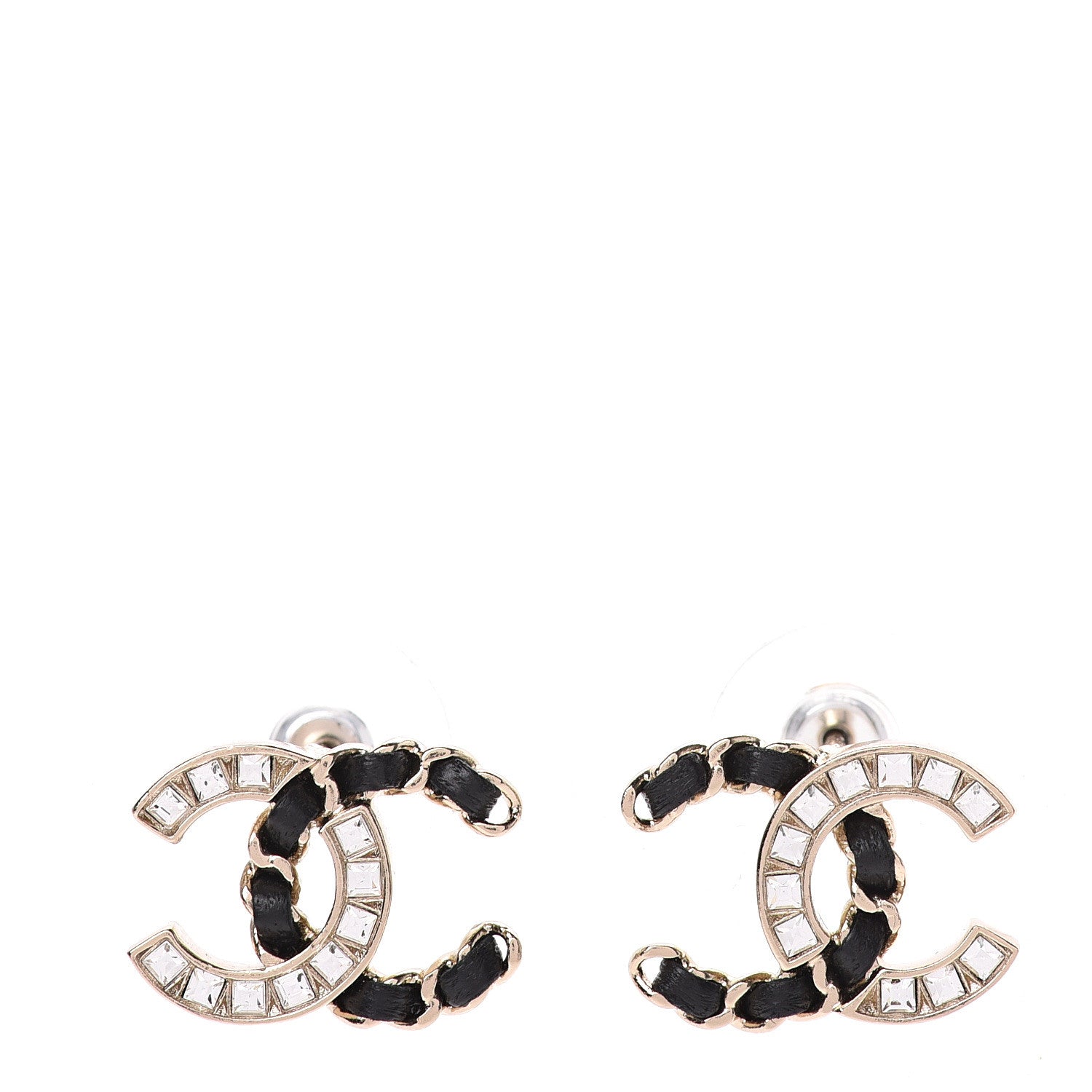 Chanel Crystal Baguette Lambskin Chain CC Vintage Allure Stud Earrings Black Gold 1 of 5