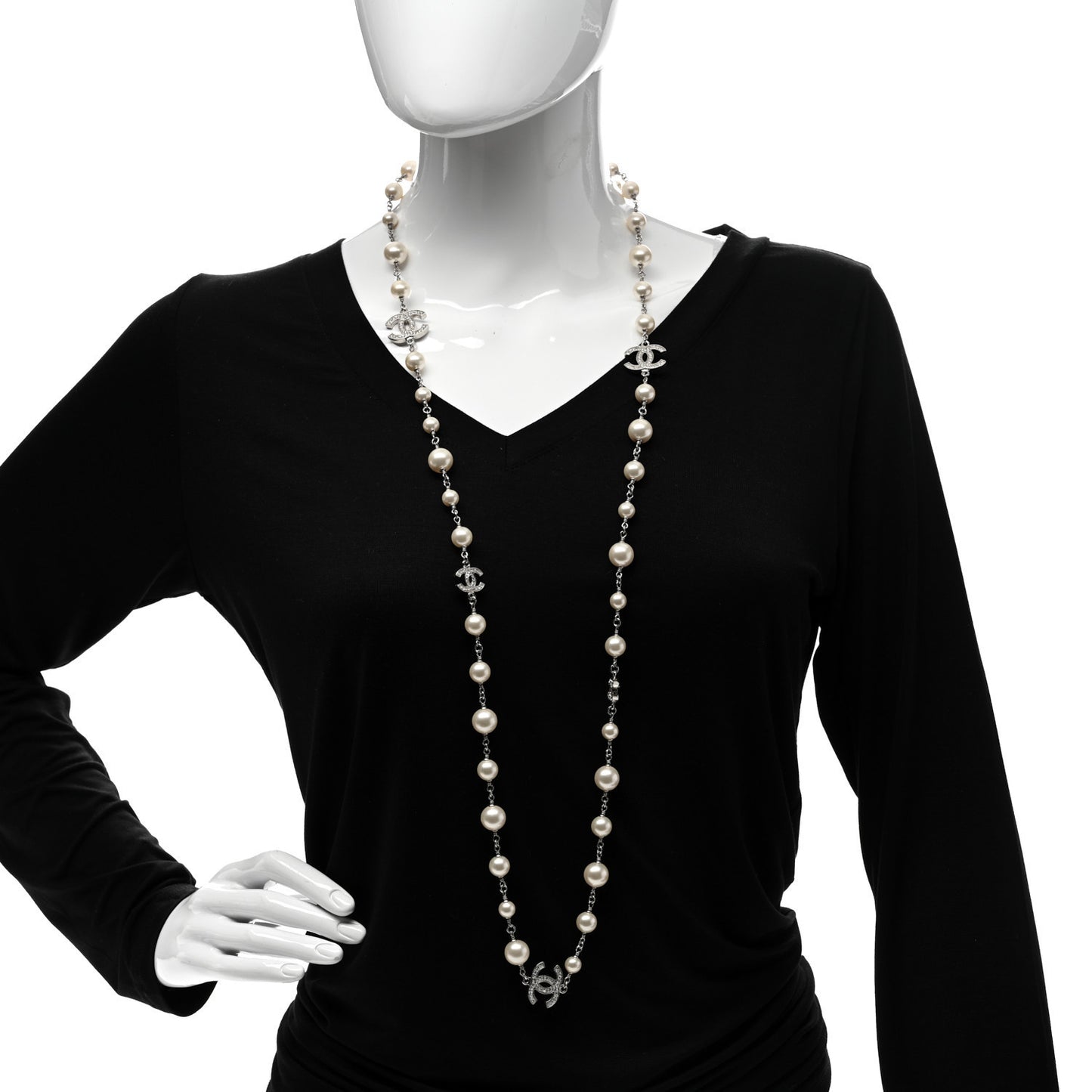 Graduated Pearl Crystal CC Long Necklace Silver