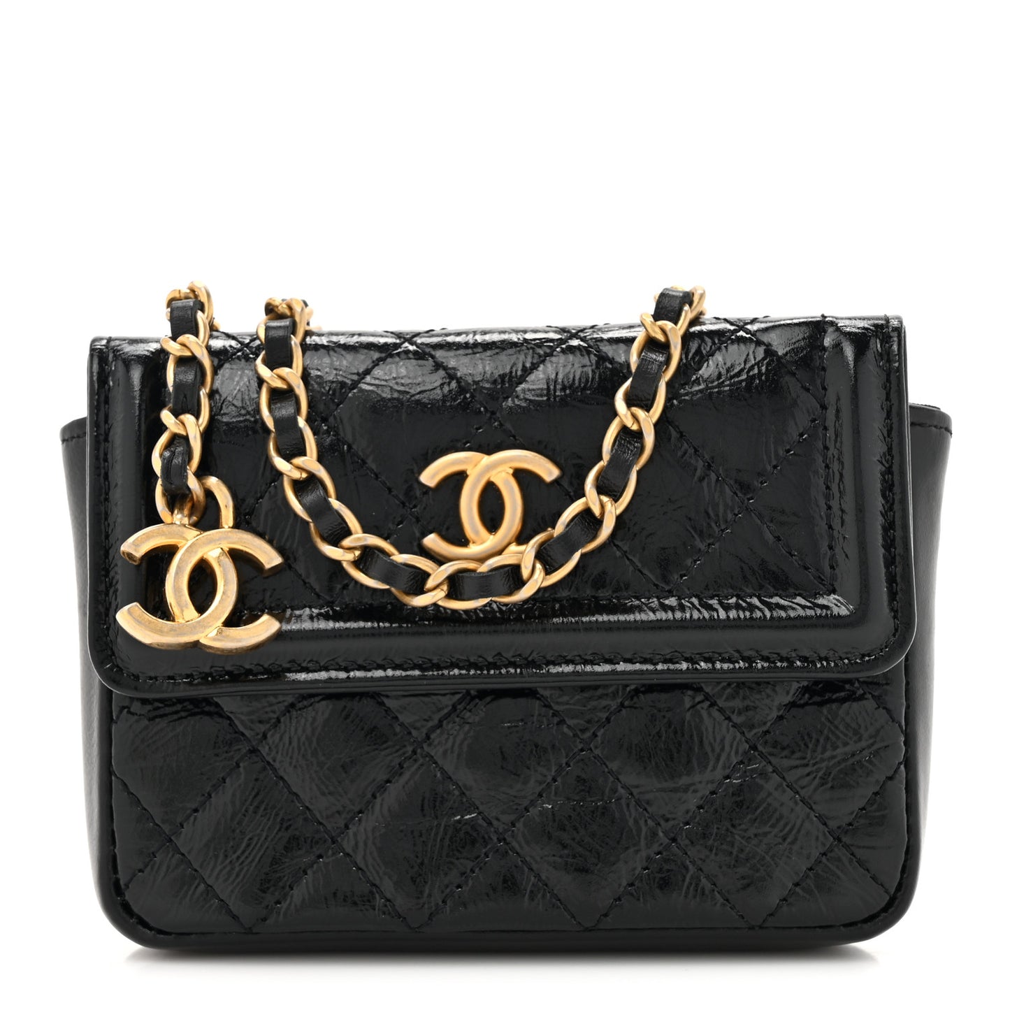 Shiny Aged Calfskin Quilted Waist Belt Bag Black