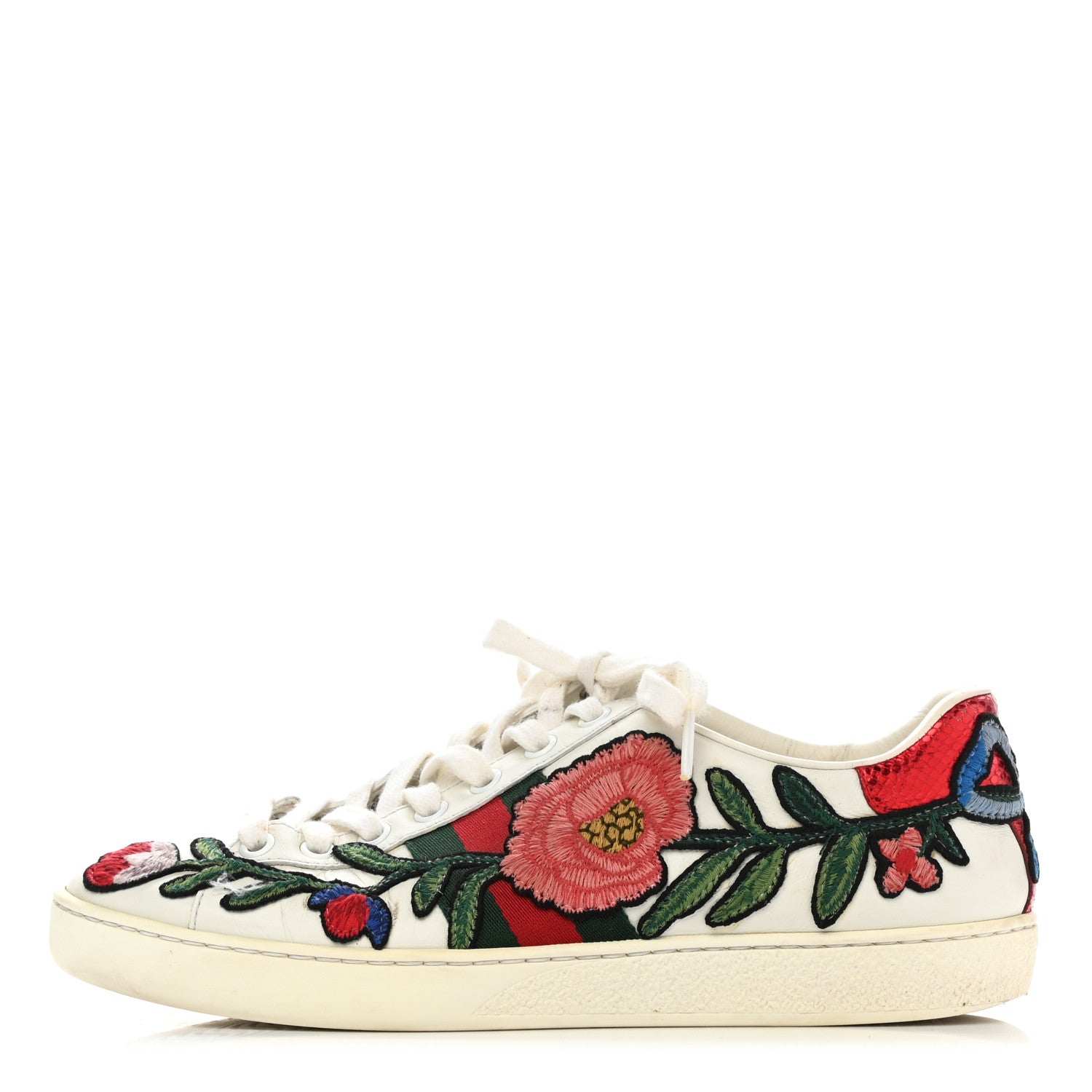 Gucci Calfskin Web Floral Embroidered Womens Ace Sneakers 37 White 1 of 10