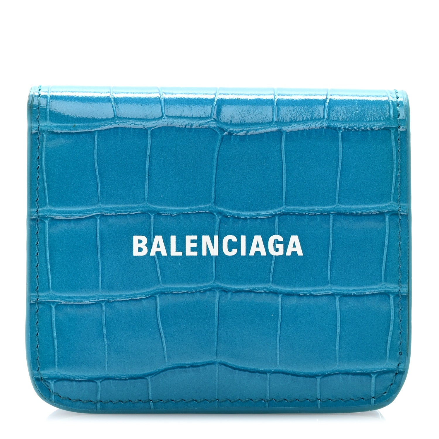 Balenciaga Shiny Calfskin Crocodile Embossed Cash Flap Coin Card Holder Blue 1 of 12