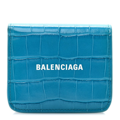 Balenciaga Shiny Calfskin Crocodile Embossed Cash Flap Coin Card Holder Blue 1 of 12