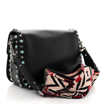 Valentino Garavani Pebbled Calfskin Turquoise Medium Guitar Strap Rockstud Rolling Flap Saddle Bag Black 3 of 12