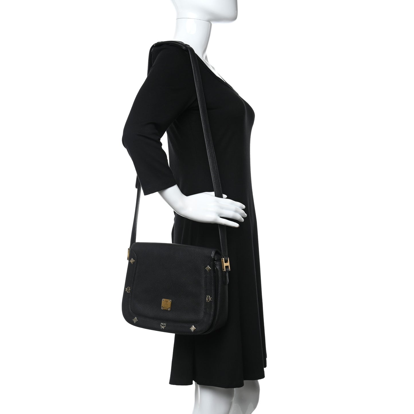 Grained Calfskin Studded Crossbody Bag Black