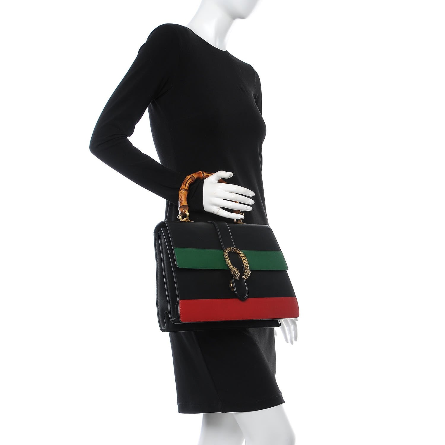 Gucci Calfskin Bamboo Web Large Dionysus Top Handle Bag Black Bright Evergreen Hibiscus Red 3 of 9
