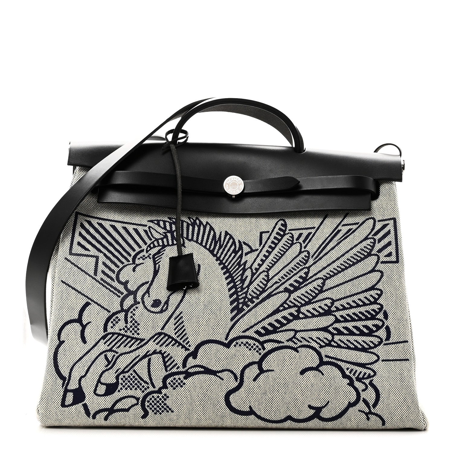 Hermes Vache Hunter Toile H Pegase Pop Herbag Zip Retourne 39 MM Bleu Indigo Ecru Black 1 of 12