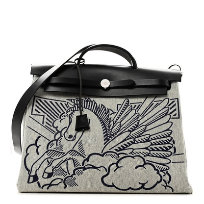 Hermes Vache Hunter Toile H Pegase Pop Herbag Zip Retourne 39 MM Bleu Indigo Ecru Black 1 of 12