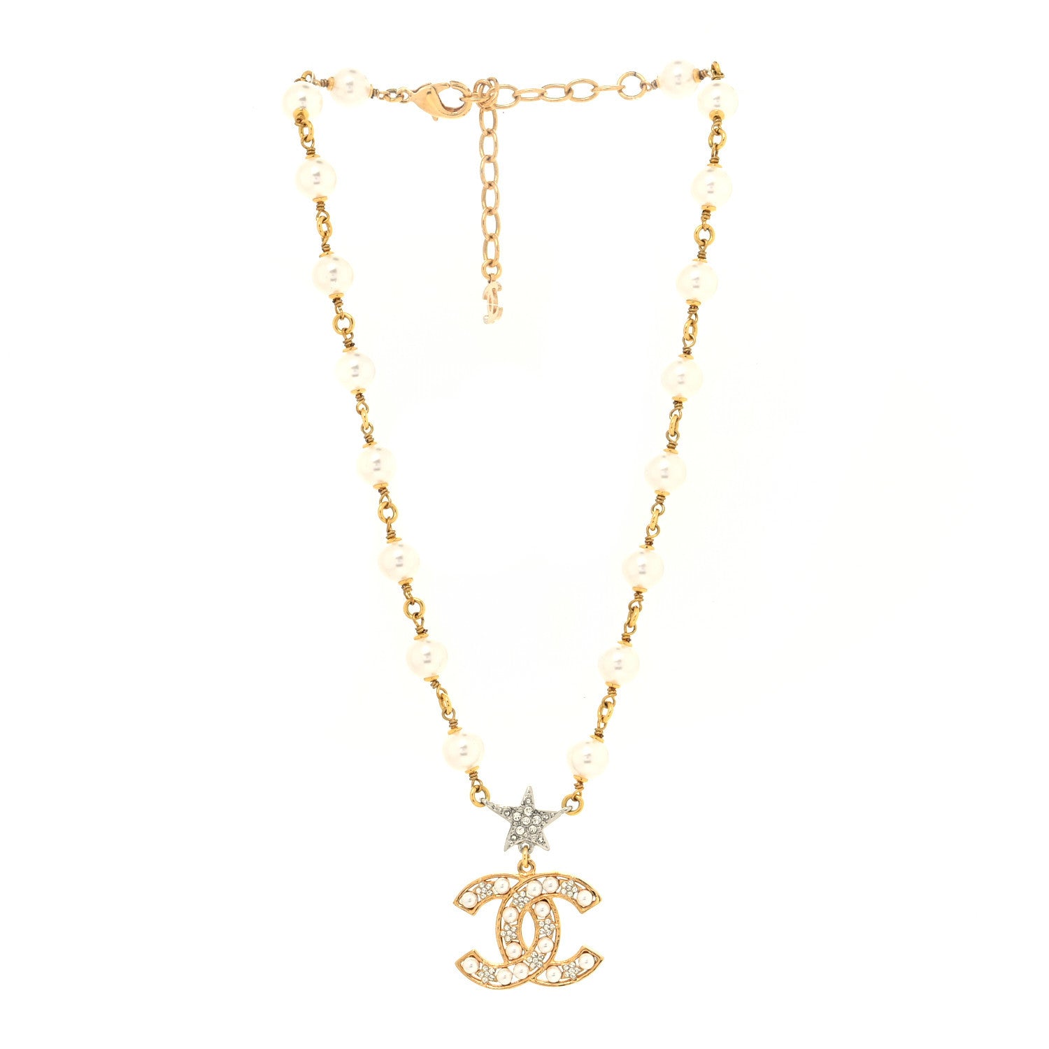 Chanel Metal Pearl Crystal CC Star Necklace Gold 2 of 3