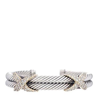 David Yurman Sterling Silver 18K Yellow Gold Diamond Double X Cable Bracelet 1 of 4