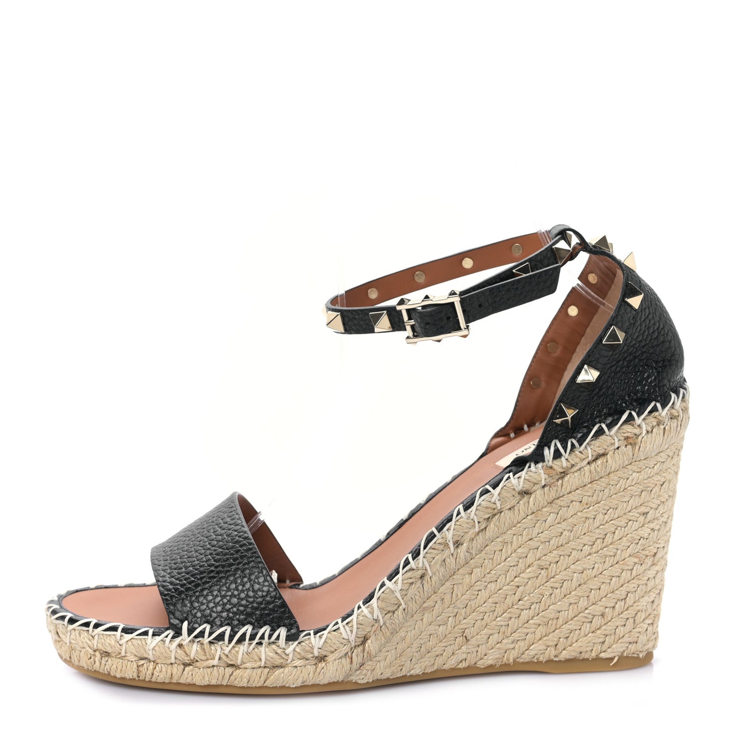 Grained Calfskin Rockstud Ankle Wrap Espadrille 15/85mm Wedges 41 Black Light Cuir