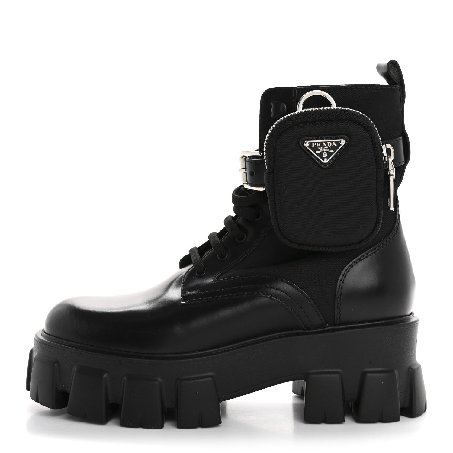 Prada Spazzolato Rois Nylon Metal Triangle Logo Monolith Pouch Pocket 55mm Boots 36.5 Black 1 of 9