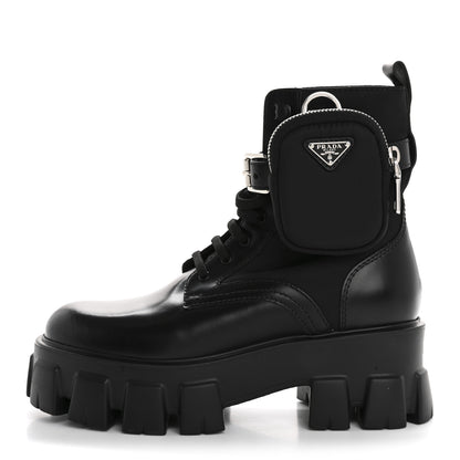 Prada Spazzolato Rois Nylon Metal Triangle Logo Monolith Pouch Pocket 55mm Boots 36.5 Black 1 of 9