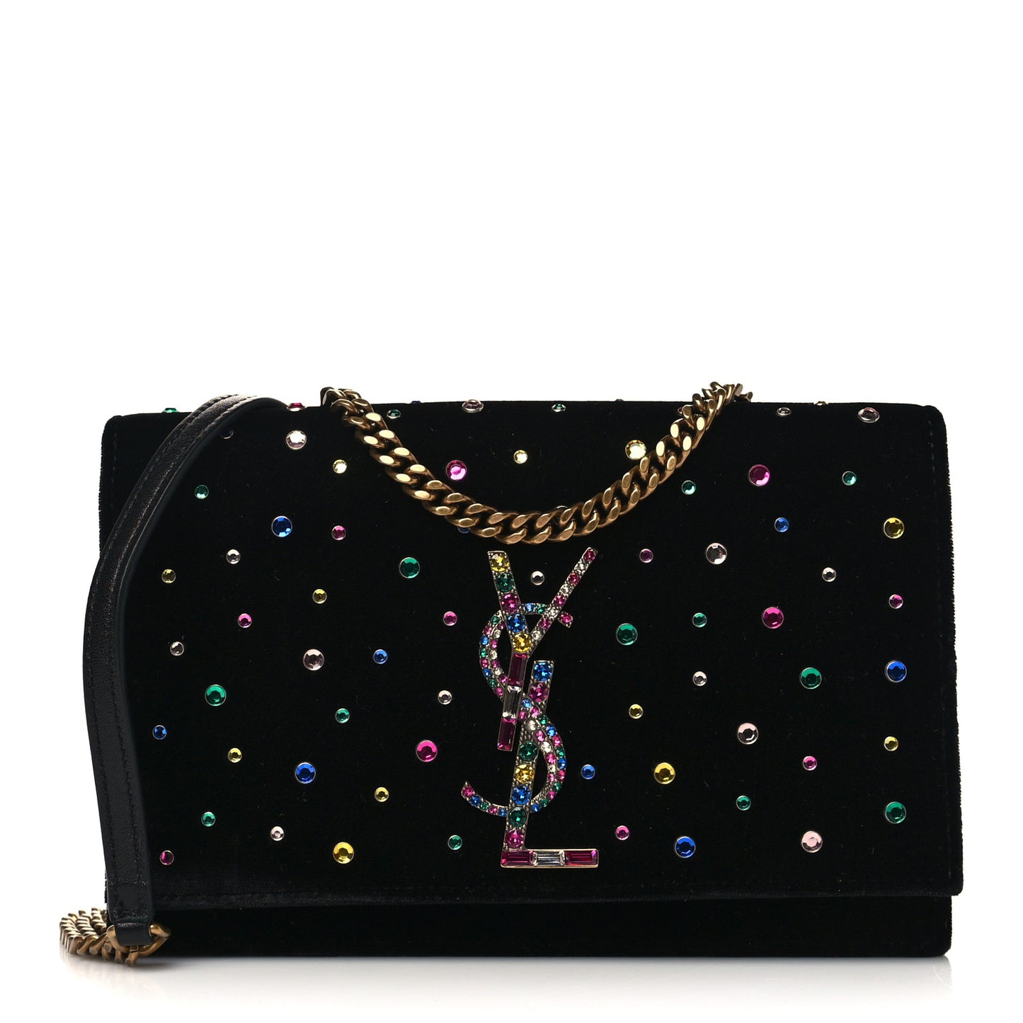 Velvet Crystal Embellished Monogram Kate Chain Wallet Black
