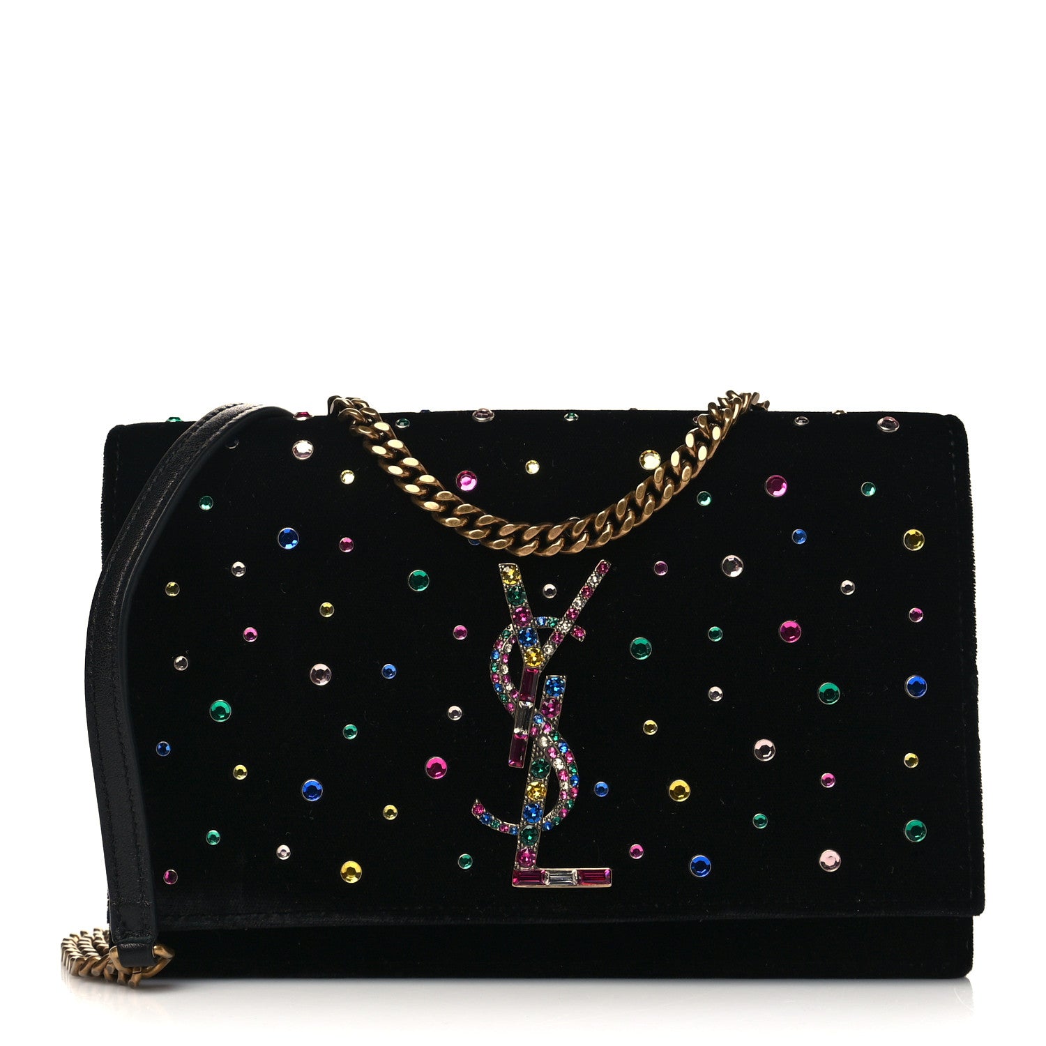 Saint Laurent Velvet Crystal Embellished Monogram Kate Chain Wallet Black 1 of 6