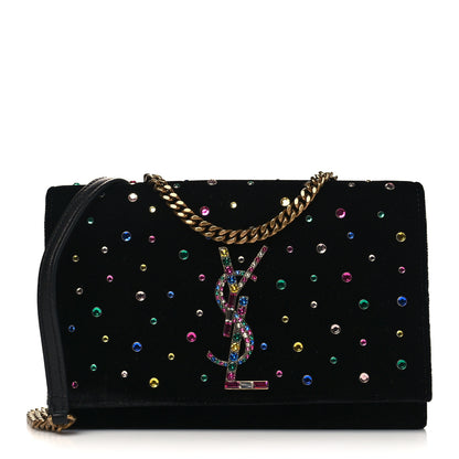 Saint Laurent Velvet Crystal Embellished Monogram Kate Chain Wallet Black 1 of 6