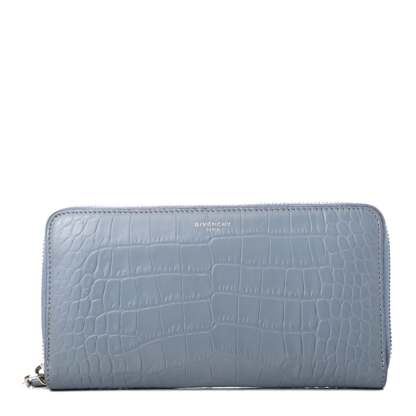 Crocodile Embossed Calfskin Zip Around Wallet Light Blue