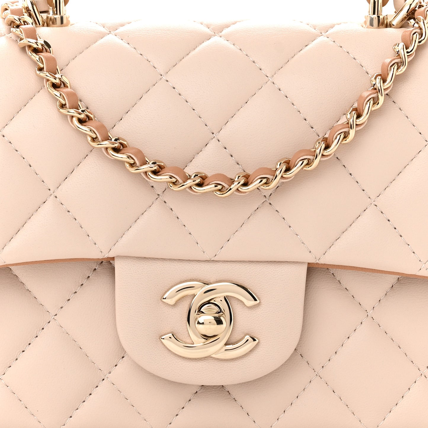 Lambskin Quilted Bi-Color Mini Top Handle Rectangular Flap Ecru Dark Beige