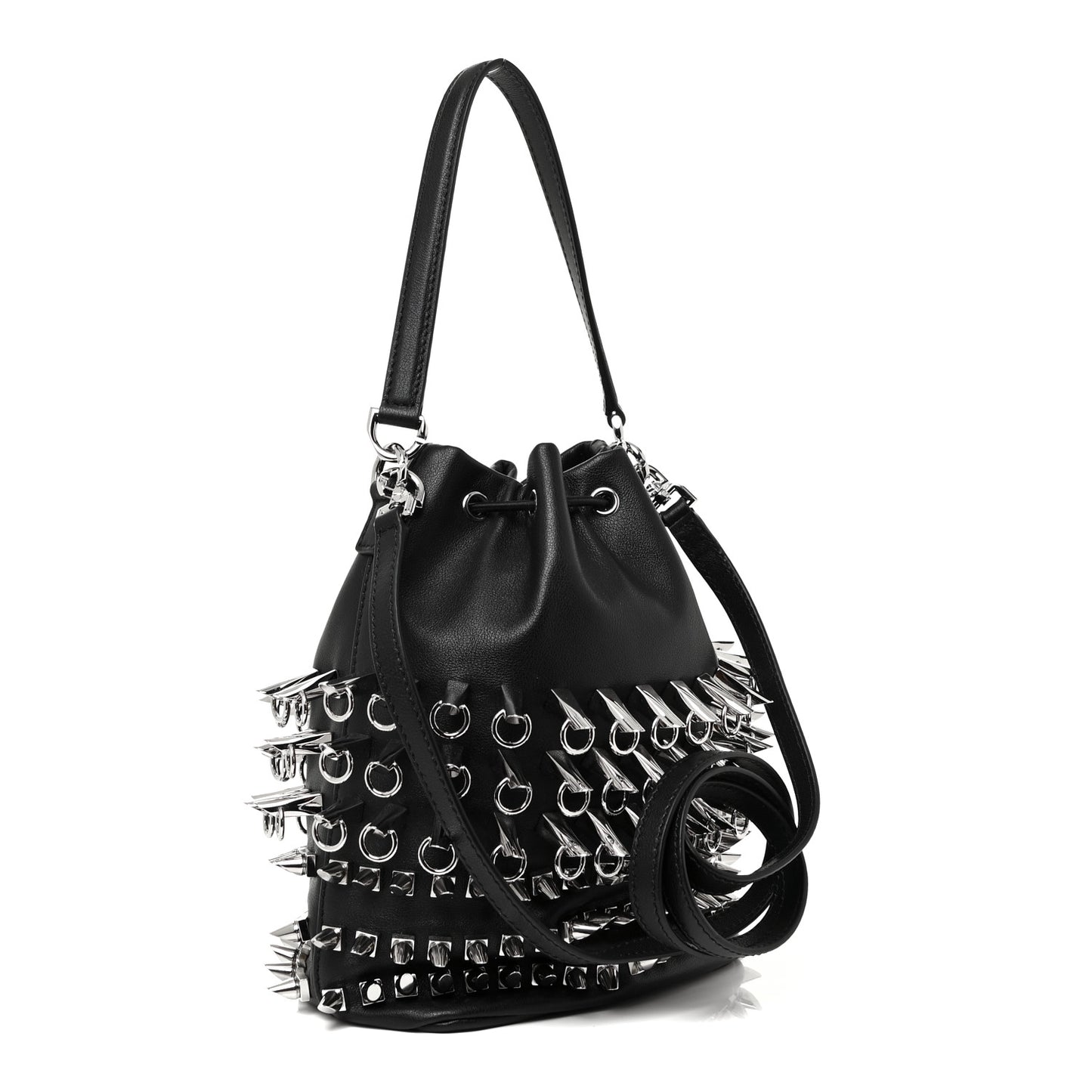 Calfskin Spiked Drawstring Bucket Bag Black
